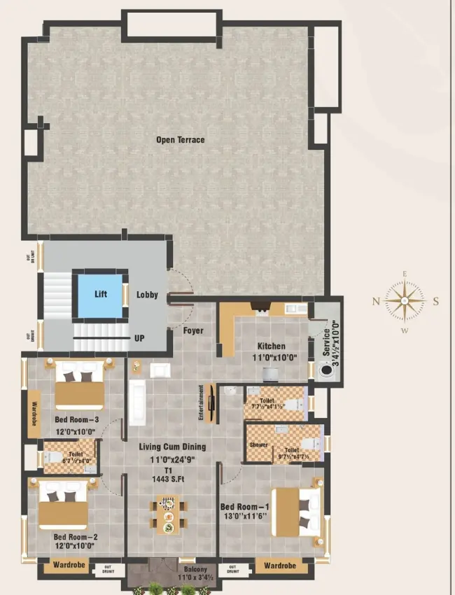 3 BHK flats in Anna Nagar modern floor plan